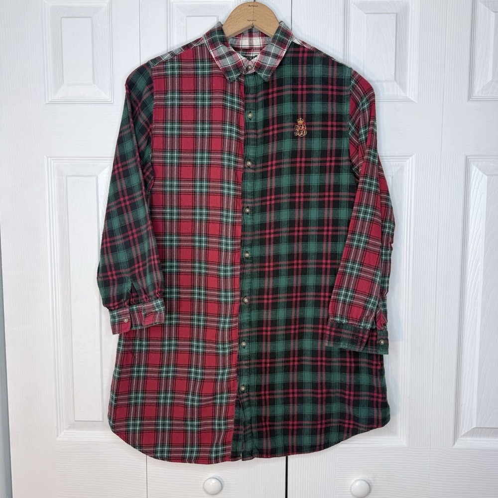 LRL RALPH LAUREN Mixed Plaid Flannel BOYFRIEND Night Shirt GOWN, Large, Crest‎